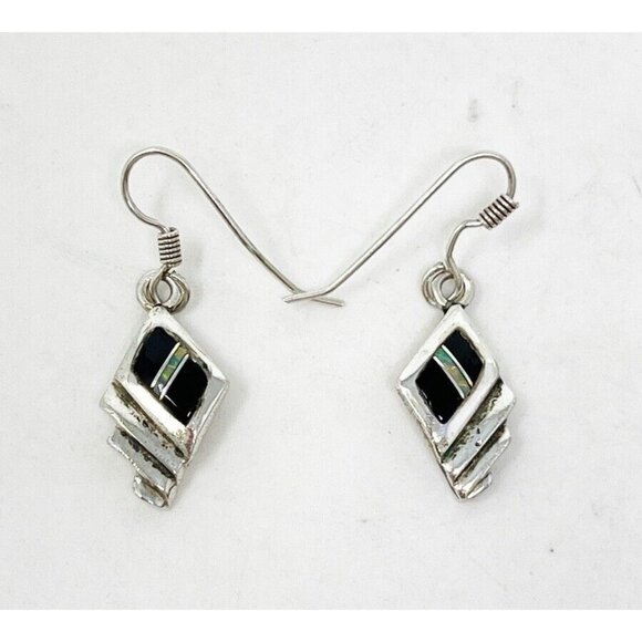 Ervin Hoskie Navajo Native American Sterling Silver Onyx & Opal Inlay Earrings - Picture 1 of 7